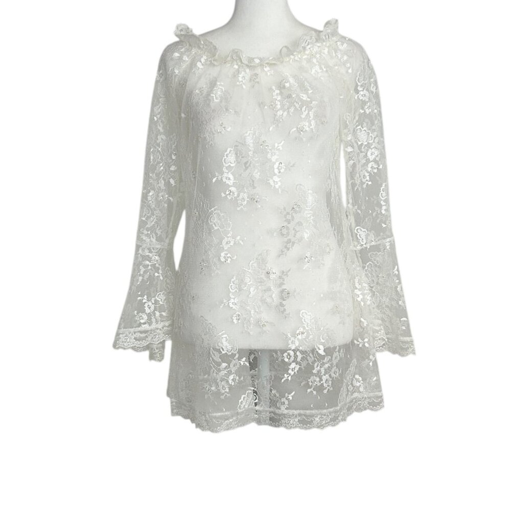 Victoria's Secret Y2K White Sheer Lace Bell Sleeve Ruffle Nightie Lingerie (S)‎